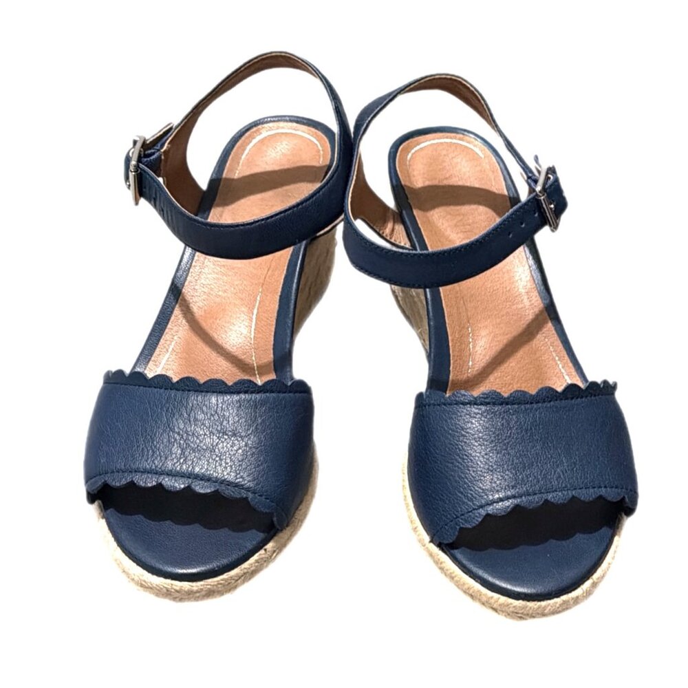 Vionic Sandals Womens 7 Blue Wedge Espadrille Buckle Coastal Mediterranean City